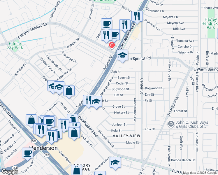 map of restaurants, bars, coffee shops, grocery stores, and more near 102 Dogwood Street in Henderson
