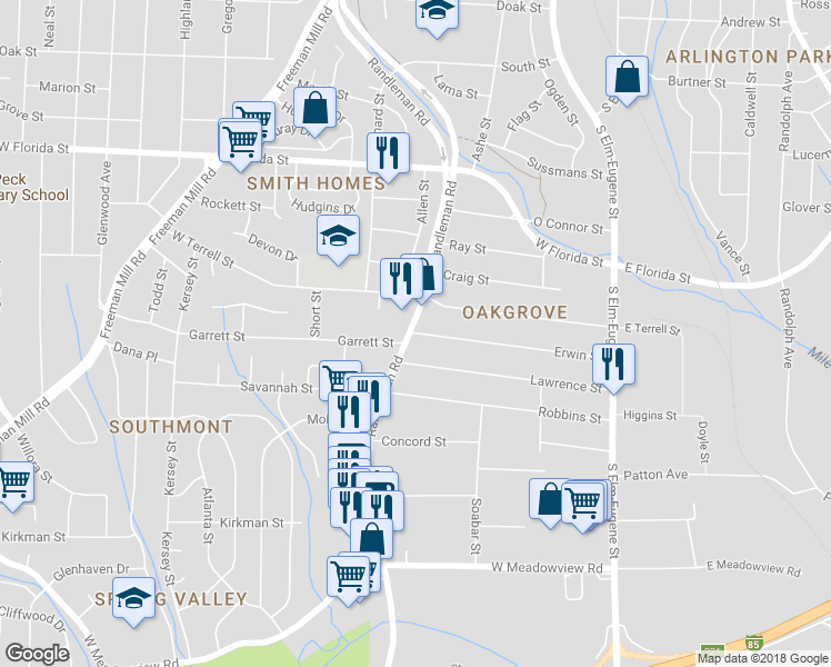 map of restaurants, bars, coffee shops, grocery stores, and more near 318 Erwin Street in Greensboro