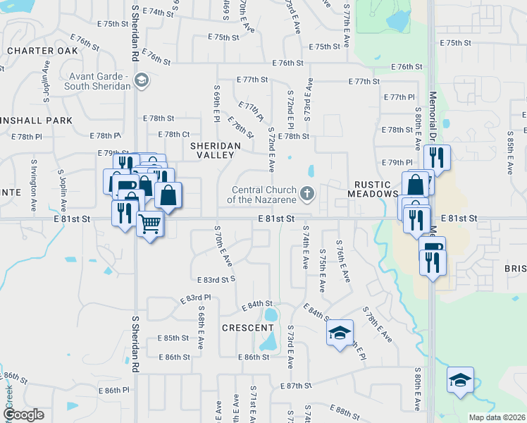 map of restaurants, bars, coffee shops, grocery stores, and more near 7122 East 80th Street in Tulsa