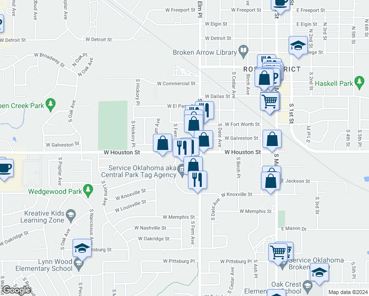 map of restaurants, bars, coffee shops, grocery stores, and more near 452 South Elm Court in Broken Arrow