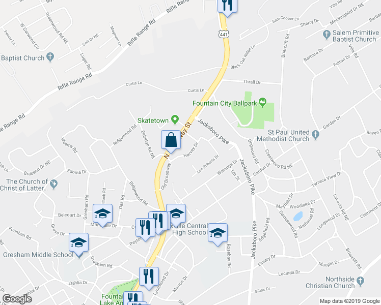 map of restaurants, bars, coffee shops, grocery stores, and more near 3301 Harvey Drive in Knoxville