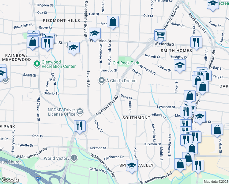 map of restaurants, bars, coffee shops, grocery stores, and more near 1732 Glenwood Avenue in Greensboro