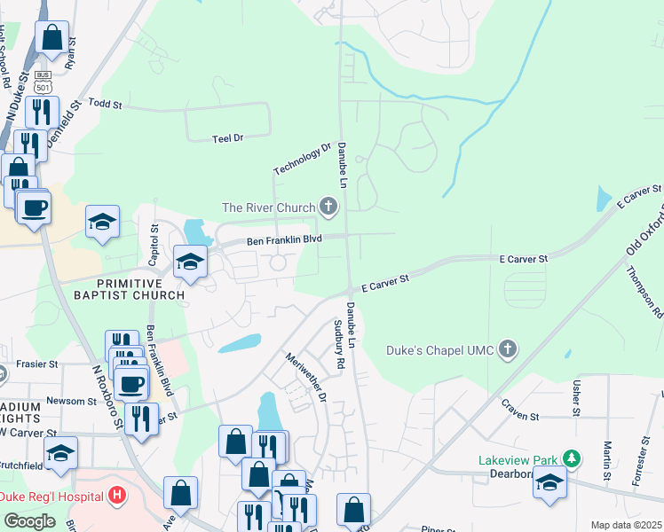 map of restaurants, bars, coffee shops, grocery stores, and more near 4434 Ben Franklin Boulevard in Durham
