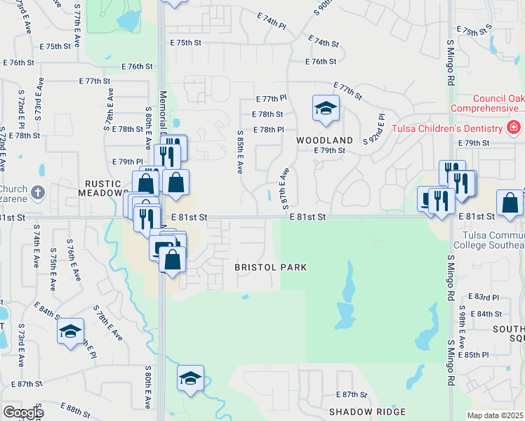 map of restaurants, bars, coffee shops, grocery stores, and more near 8027 South 86th East Avenue in Tulsa