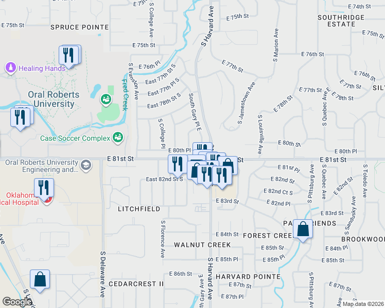 map of restaurants, bars, coffee shops, grocery stores, and more near 3208 East 80th Place in Tulsa