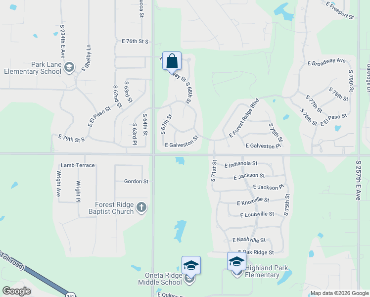 map of restaurants, bars, coffee shops, grocery stores, and more near 6901 East Galveston Street in Broken Arrow