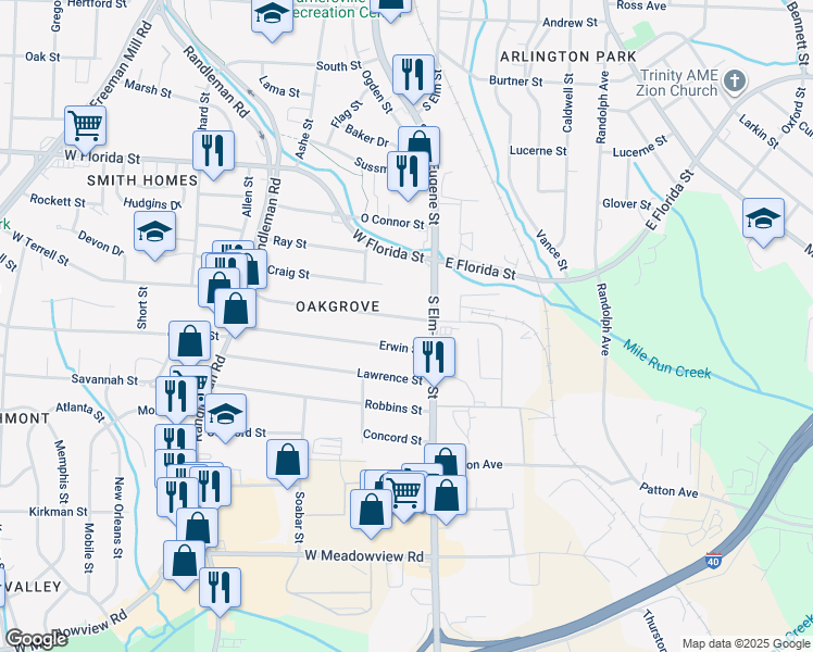 map of restaurants, bars, coffee shops, grocery stores, and more near 108 Erwin Street in Greensboro