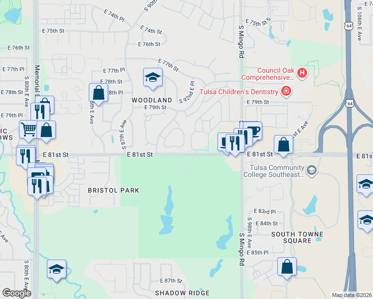 map of restaurants, bars, coffee shops, grocery stores, and more near 9307 East 81st Street in Tulsa