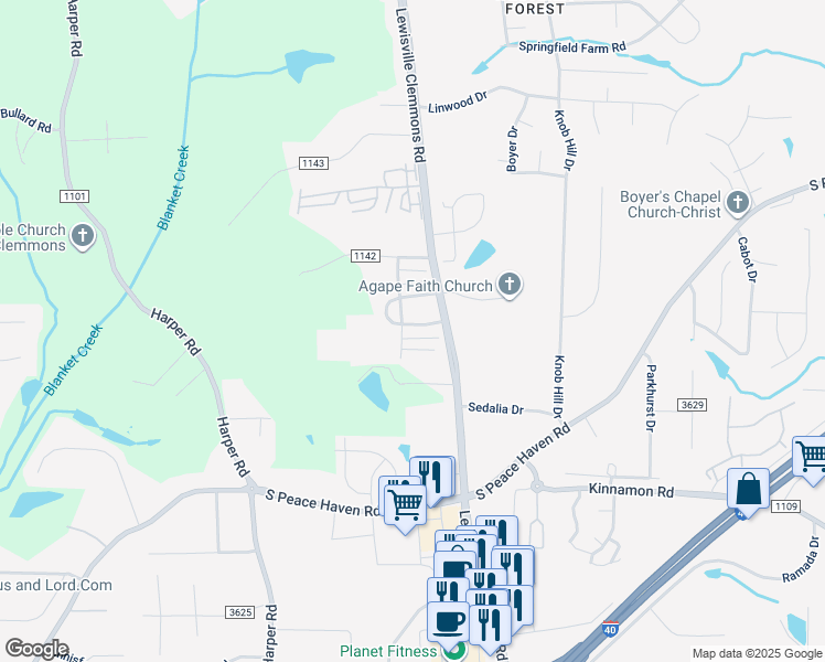 map of restaurants, bars, coffee shops, grocery stores, and more near 7025 Hanesbrook Circle in Clemmons