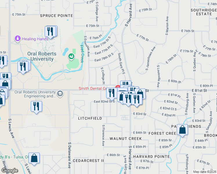 map of restaurants, bars, coffee shops, grocery stores, and more near 3044 East 80th Place in Tulsa