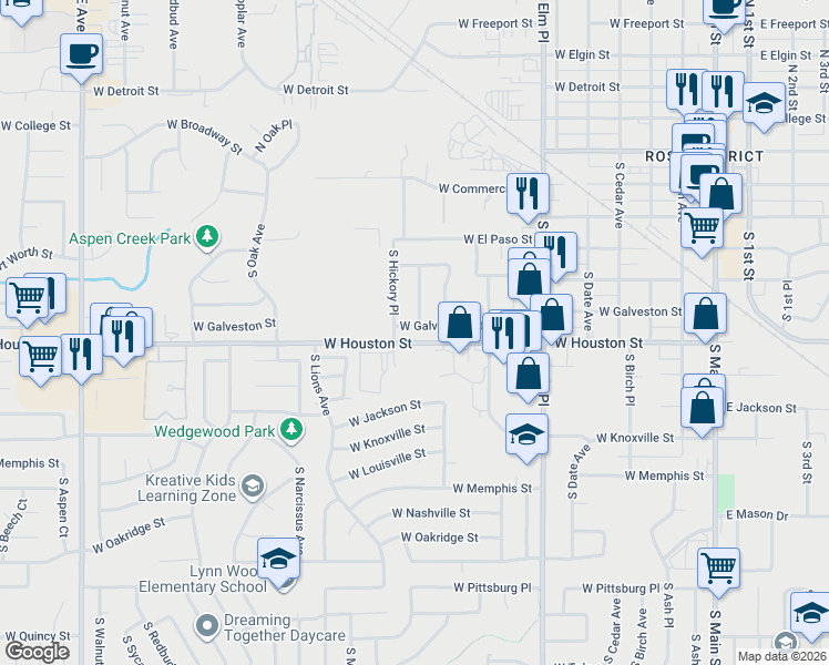 map of restaurants, bars, coffee shops, grocery stores, and more near 917 West Galveston Street in Broken Arrow