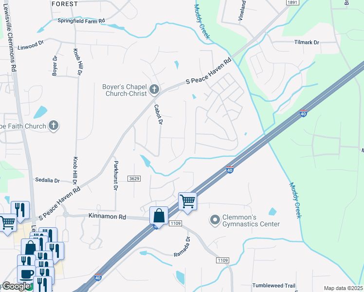 map of restaurants, bars, coffee shops, grocery stores, and more near 3021 Cameron Village Court in Winston-Salem