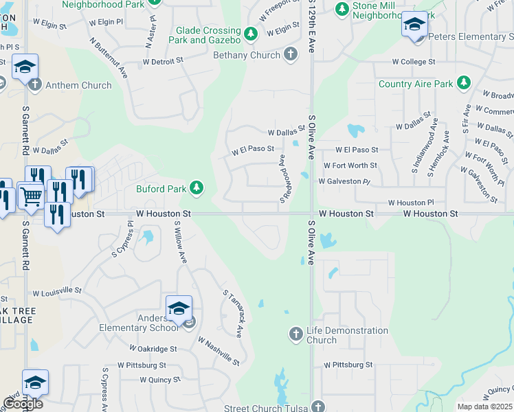 map of restaurants, bars, coffee shops, grocery stores, and more near 3831 West Galveston Place South in Broken Arrow
