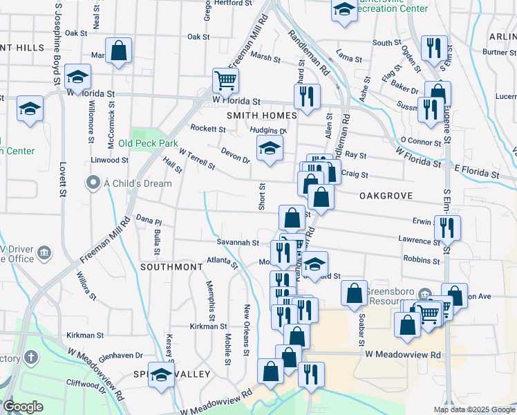 map of restaurants, bars, coffee shops, grocery stores, and more near 525 Garrett Street in Greensboro