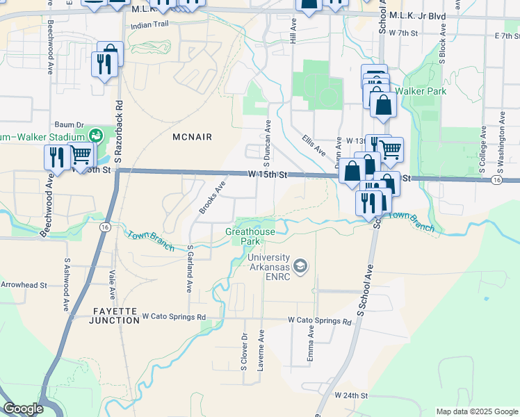 map of restaurants, bars, coffee shops, grocery stores, and more near 1616 S Duncan Ave in Fayetteville