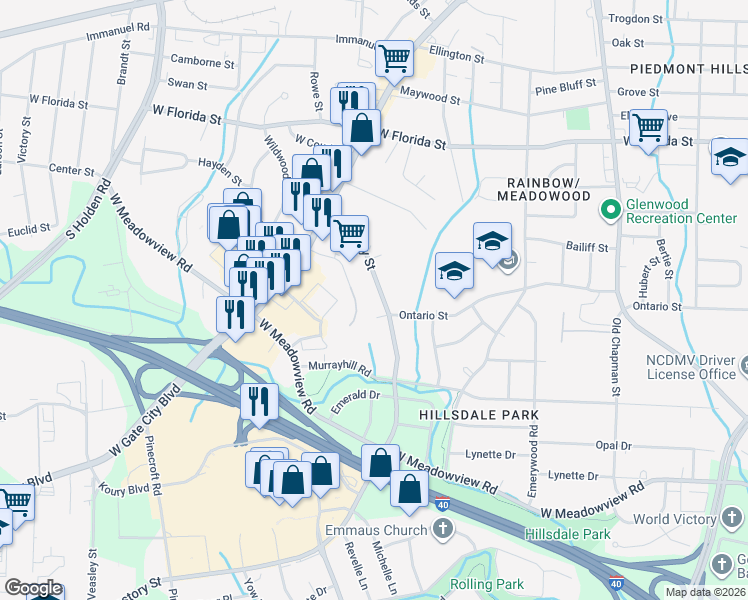 map of restaurants, bars, coffee shops, grocery stores, and more near 1944 Vanstory Street in Greensboro