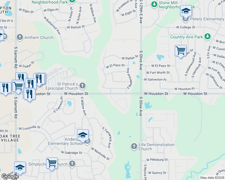 map of restaurants, bars, coffee shops, grocery stores, and more near 3831 West Galveston Place South in Broken Arrow