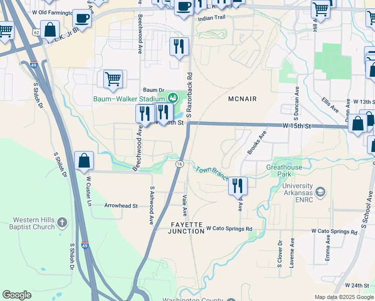 map of restaurants, bars, coffee shops, grocery stores, and more near 1500-1674 South Razorback Road in Fayetteville