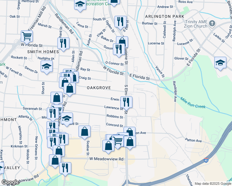 map of restaurants, bars, coffee shops, grocery stores, and more near 111 West Terrell Street in Greensboro