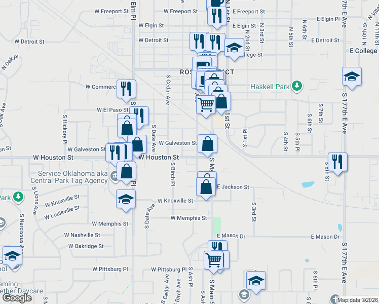 map of restaurants, bars, coffee shops, grocery stores, and more near 218 West Houston Street in Broken Arrow