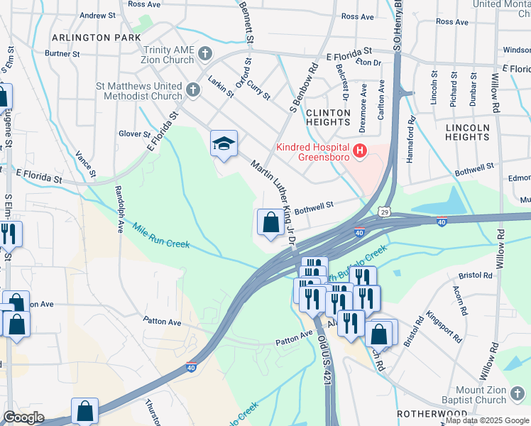 map of restaurants, bars, coffee shops, grocery stores, and more near 1106 Pennsylvania Street in Greensboro
