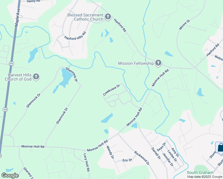 map of restaurants, bars, coffee shops, grocery stores, and more near Creekview Dr in Graham