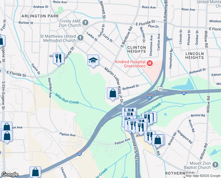 map of restaurants, bars, coffee shops, grocery stores, and more near 1106 Pennsylvania Street in Greensboro