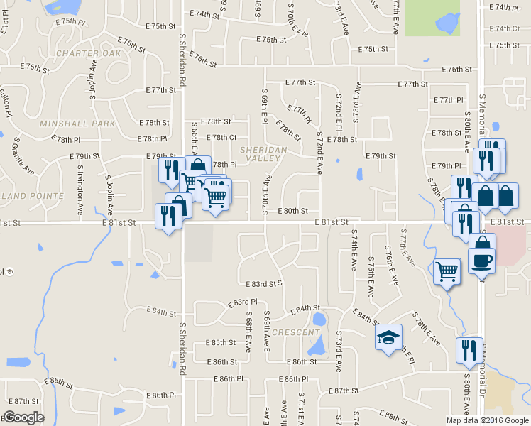 map of restaurants, bars, coffee shops, grocery stores, and more near 8008 S 70th E Ave in Tulsa