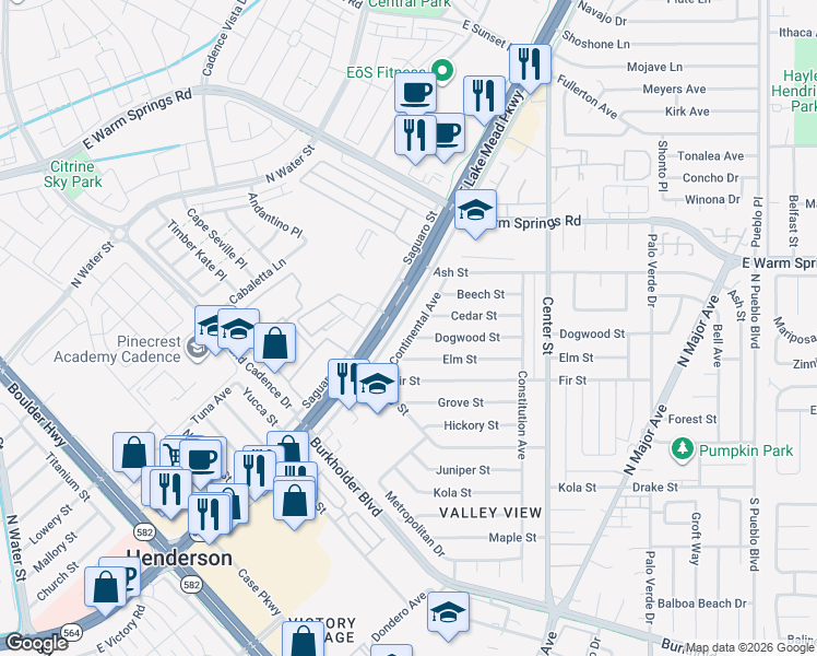 map of restaurants, bars, coffee shops, grocery stores, and more near 102 Dogwood Street in Henderson