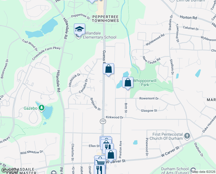 map of restaurants, bars, coffee shops, grocery stores, and more near 3717 Hermine Street in Durham