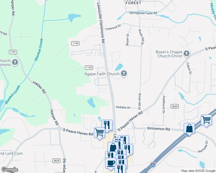 map of restaurants, bars, coffee shops, grocery stores, and more near 6807 Wellsley Court in Clemmons