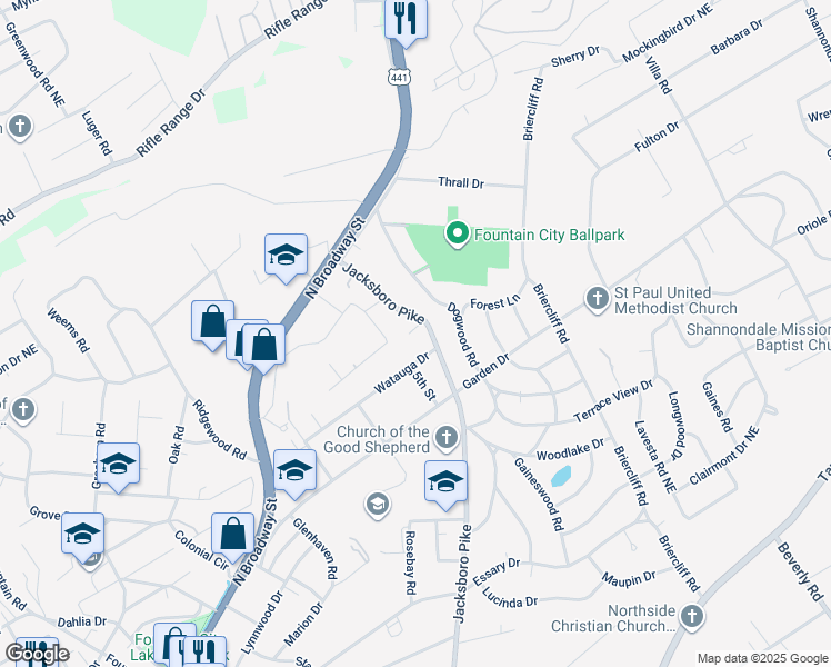 map of restaurants, bars, coffee shops, grocery stores, and more near 431 Watauga Drive in Knoxville