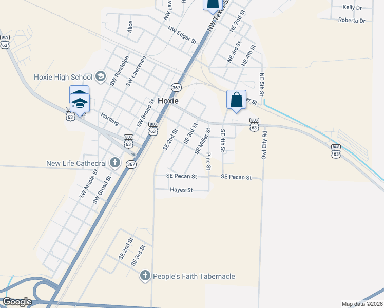 map of restaurants, bars, coffee shops, grocery stores, and more near 504 Southeast Miller Street in Hoxie