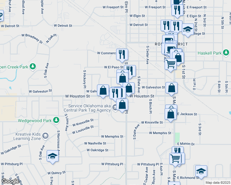 map of restaurants, bars, coffee shops, grocery stores, and more near 452 South Elm Court in Broken Arrow