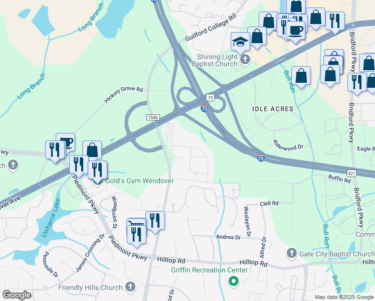 map of restaurants, bars, coffee shops, grocery stores, and more near 1115 Strickland Court in Jamestown