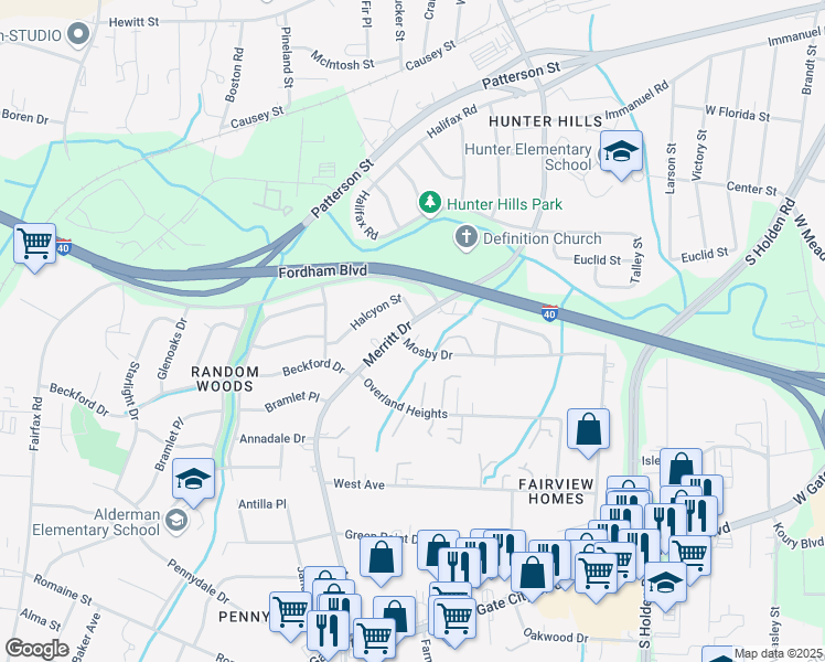 map of restaurants, bars, coffee shops, grocery stores, and more near 1843 Merritt Drive in Greensboro
