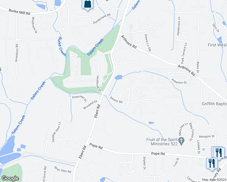 map of restaurants, bars, coffee shops, grocery stores, and more near 2656 Windy Crossing in Winston Salem