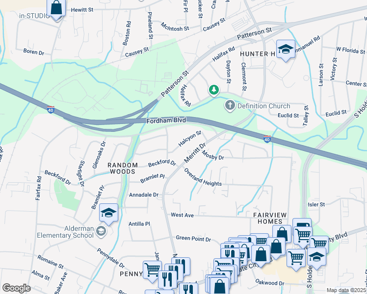 map of restaurants, bars, coffee shops, grocery stores, and more near 1825 Halcyon Street in Greensboro