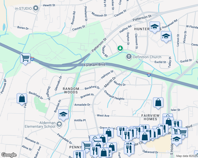 map of restaurants, bars, coffee shops, grocery stores, and more near 1828 Halcyon Street in Greensboro