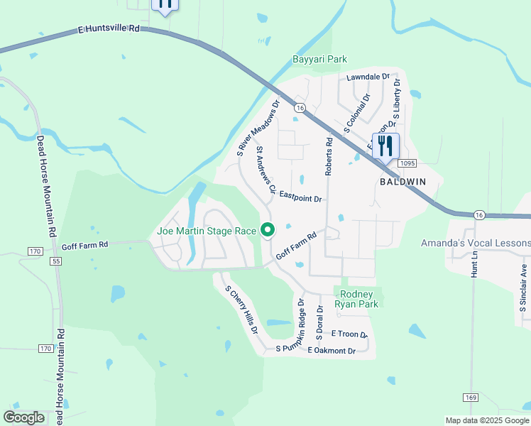 map of restaurants, bars, coffee shops, grocery stores, and more near 1501 River Meadows Drive in Fayetteville