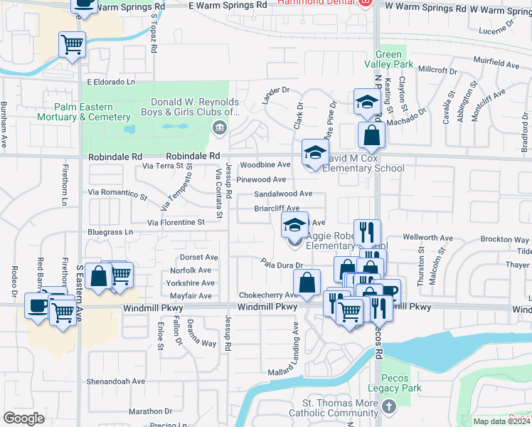 map of restaurants, bars, coffee shops, grocery stores, and more near 2735 Briarcliff Avenue in Henderson