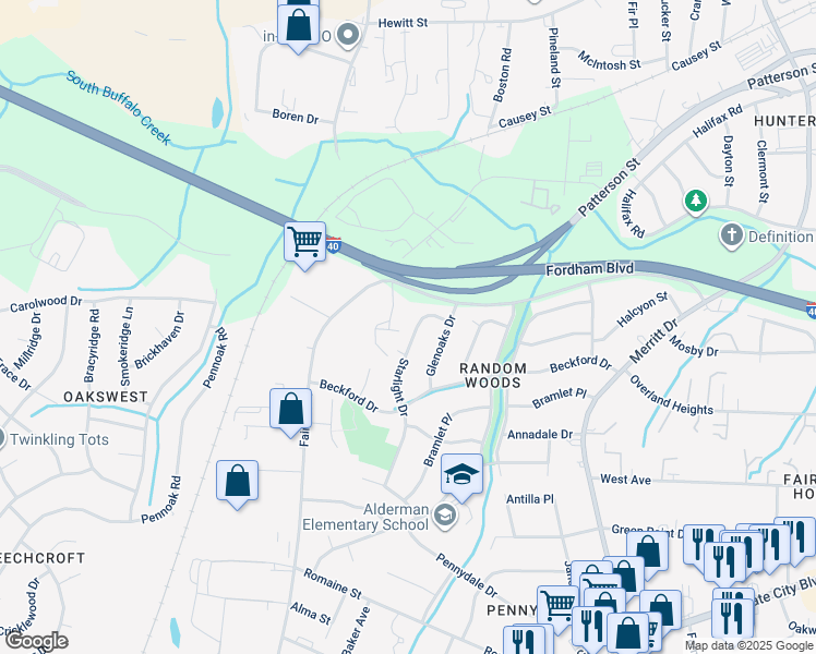 map of restaurants, bars, coffee shops, grocery stores, and more near 1814 Starlight Drive in Greensboro
