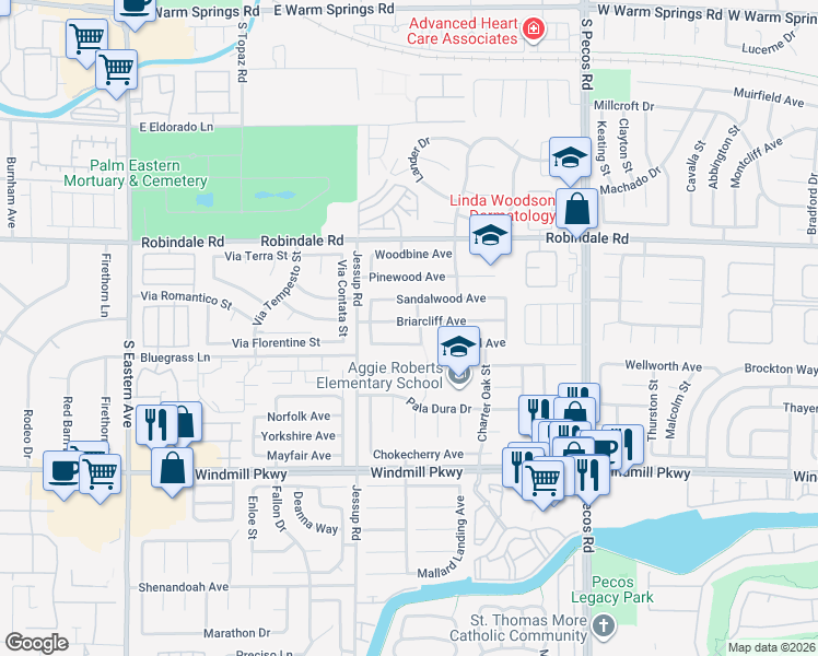 map of restaurants, bars, coffee shops, grocery stores, and more near 2737 Briarcliff Avenue in Henderson