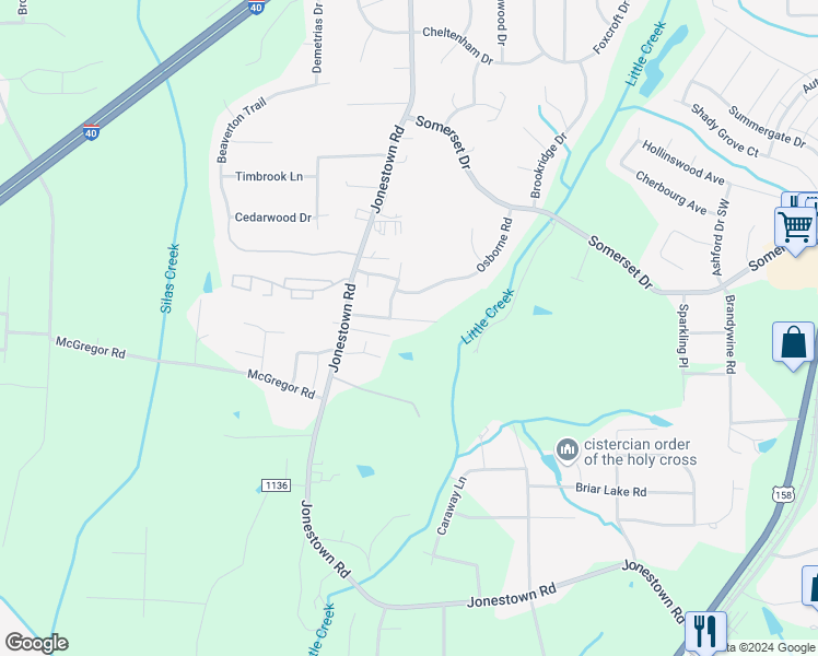 map of restaurants, bars, coffee shops, grocery stores, and more near 970 Still Point Drive in Winston-Salem