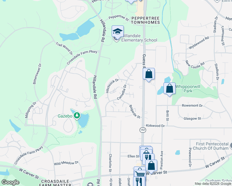 map of restaurants, bars, coffee shops, grocery stores, and more near 2515 Camellia Drive in Durham
