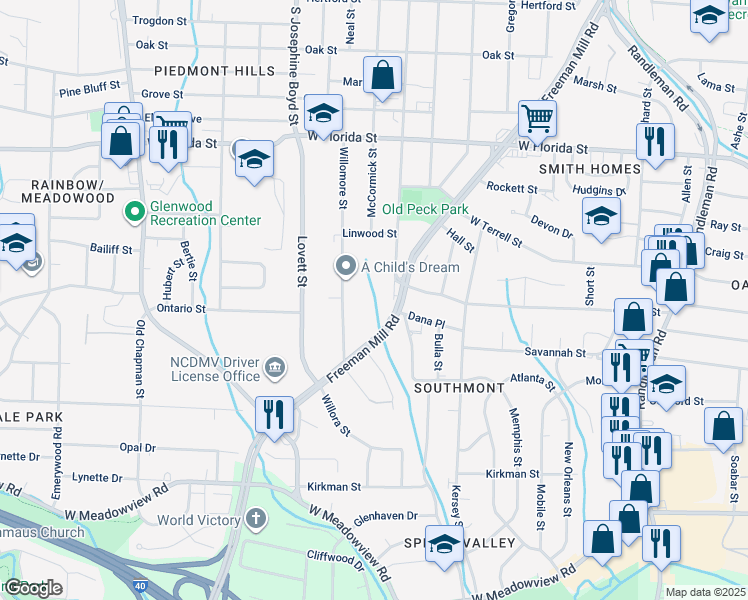 map of restaurants, bars, coffee shops, grocery stores, and more near 1732 Glenwood Avenue in Greensboro