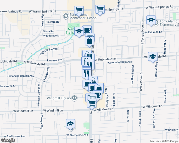 map of restaurants, bars, coffee shops, grocery stores, and more near 7815 South Rainbow Boulevard in Las Vegas