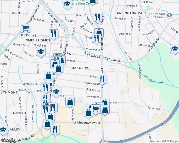 map of restaurants, bars, coffee shops, grocery stores, and more near 120 Erwin Street in Greensboro