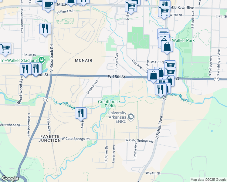 map of restaurants, bars, coffee shops, grocery stores, and more near 1616 South Duncan Avenue in Fayetteville