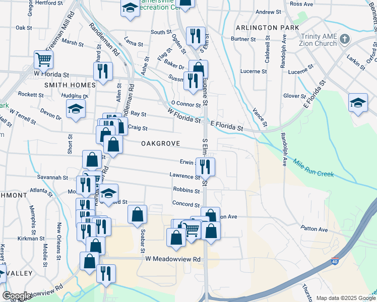 map of restaurants, bars, coffee shops, grocery stores, and more near 111 West Terrell Street in Greensboro